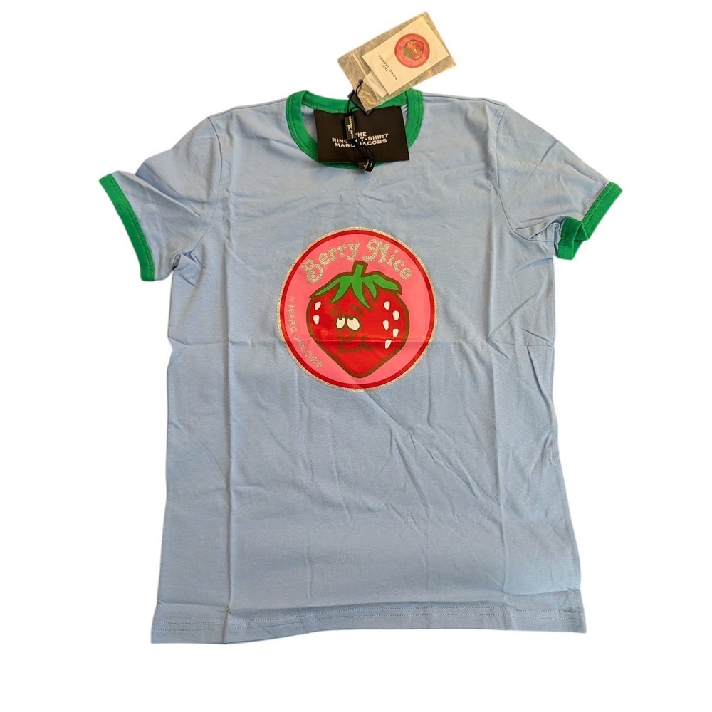 Marc Jacobs Ringer T Shirt Strawberry Berry Nice Blue Multi XS NEW Streetwear